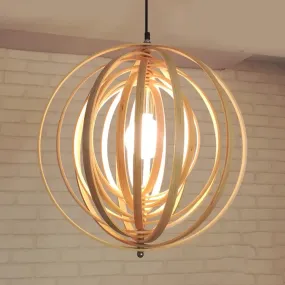 Rippling Sphere Wood Pendant Light Kit - Asian 1 Light Beige Hanging Fixture for Table