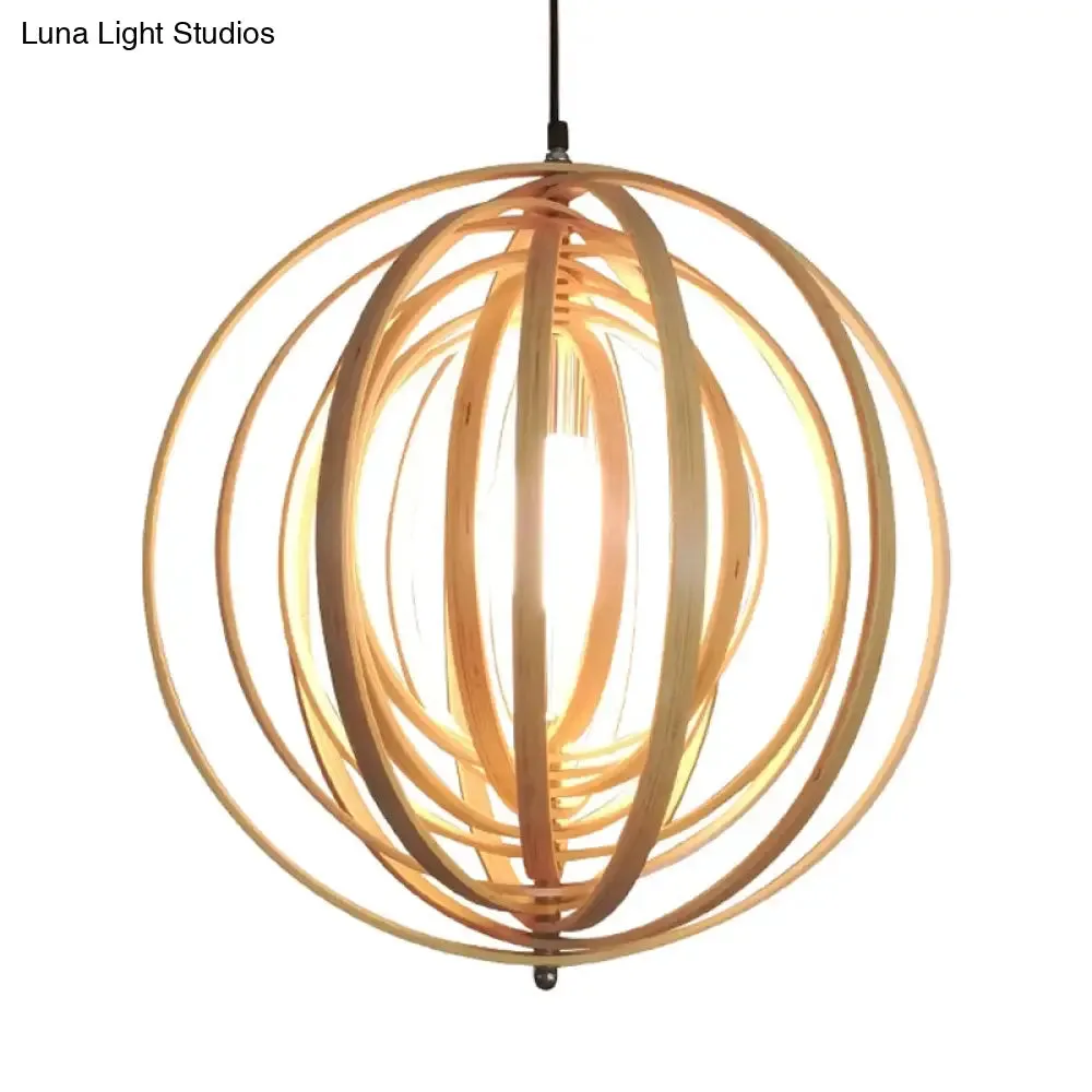 Rippling Sphere Wood Pendant Light Kit - Asian 1 Light Beige Hanging Fixture for Table