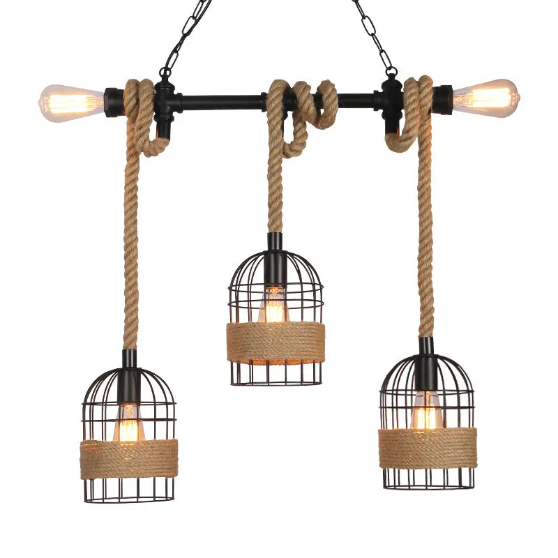 Rustic 5-Light Black Birdcage Island Pendant for Dining Rooms