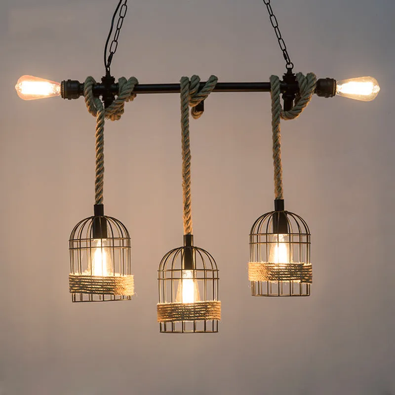 Rustic 5-Light Black Birdcage Island Pendant for Dining Rooms