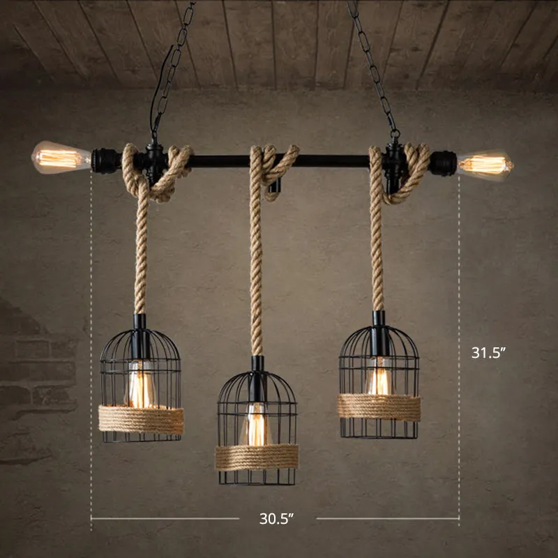 Rustic 5-Light Black Birdcage Island Pendant for Dining Rooms