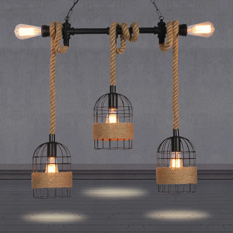 Rustic 5-Light Black Birdcage Island Pendant for Dining Rooms