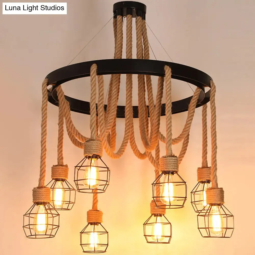 Rustic Hemp Rope Restaurant Chandelier with Black Dangling Suspension Light