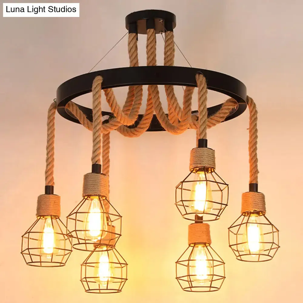 Rustic Hemp Rope Restaurant Chandelier with Black Dangling Suspension Light