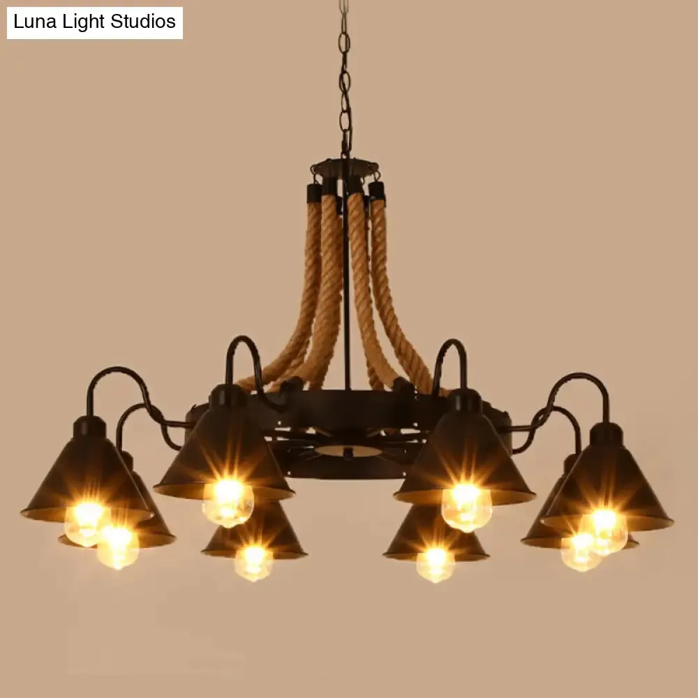 Rustic Hemp Rope Restaurant Chandelier with Black Dangling Suspension Light