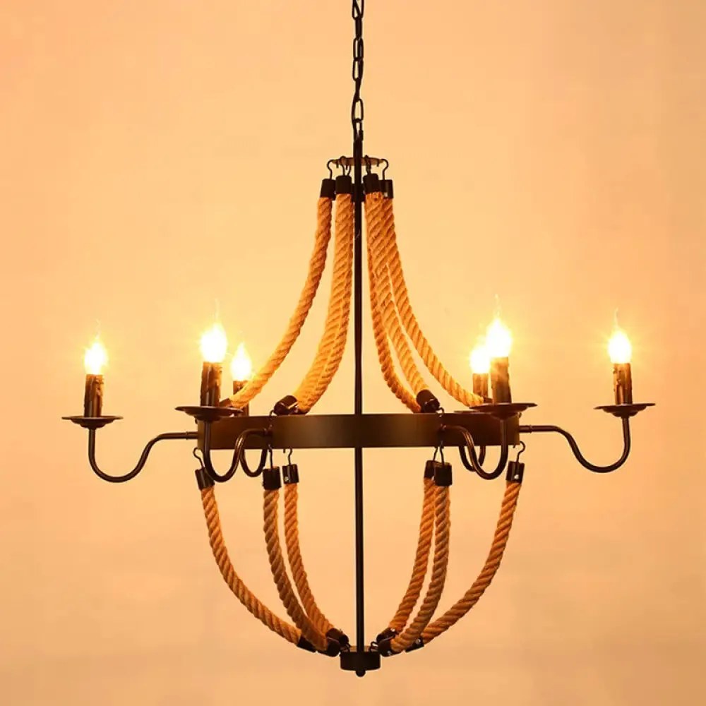 Rustic Hemp Rope Restaurant Chandelier with Black Dangling Suspension Light