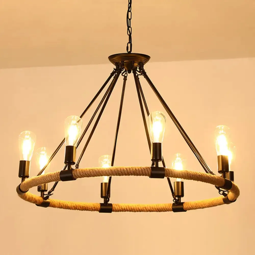 Rustic Hemp Rope Restaurant Chandelier with Black Dangling Suspension Light