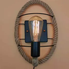 Rustic Indoor Wall Light with Wagon Wheel Design and Rope Shade