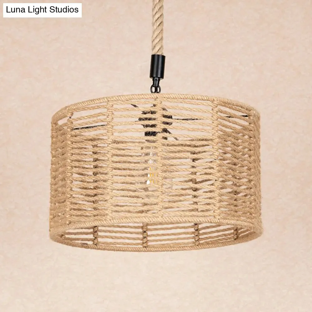 Rustic Natural Rope Drum Pendant Ceiling Lamp with 1 Bulb - Brown Finish | Perfect for Restaurants