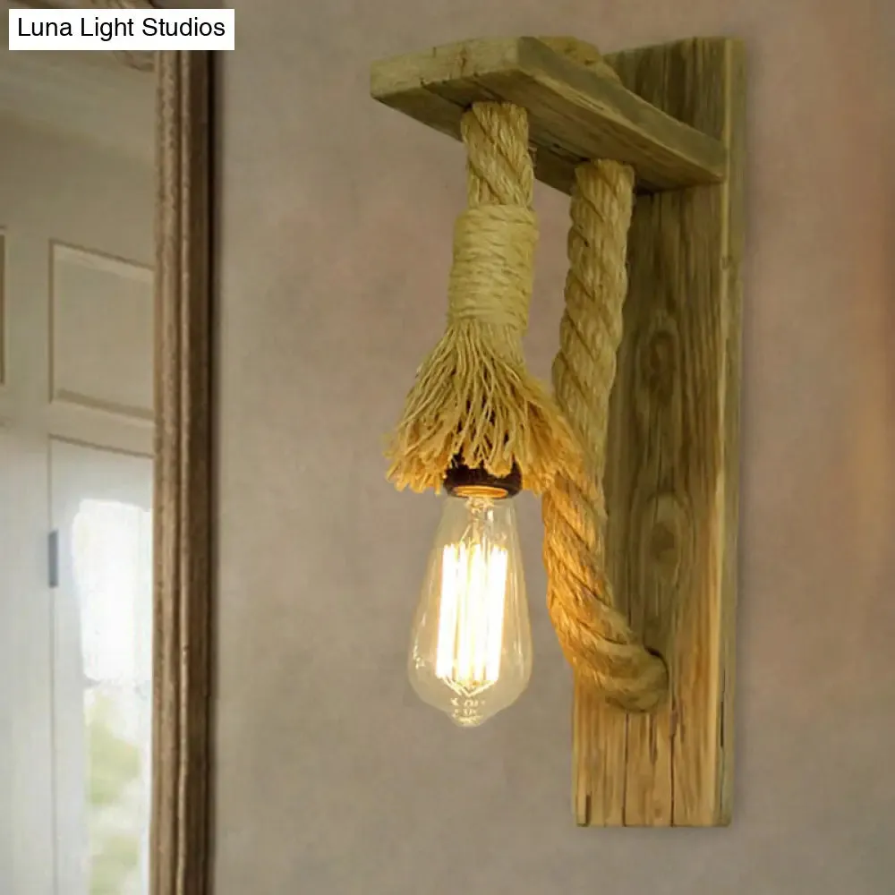 Rustic Single-Bulb Wall Lamp with Open Bulb and Roped Sconce - Wood Bracket Fixture