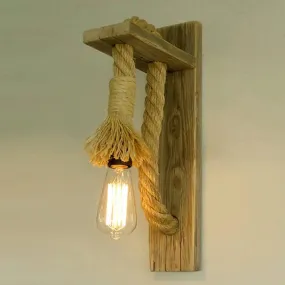 Rustic Single-Bulb Wall Lamp with Open Bulb and Roped Sconce - Wood Bracket Fixture