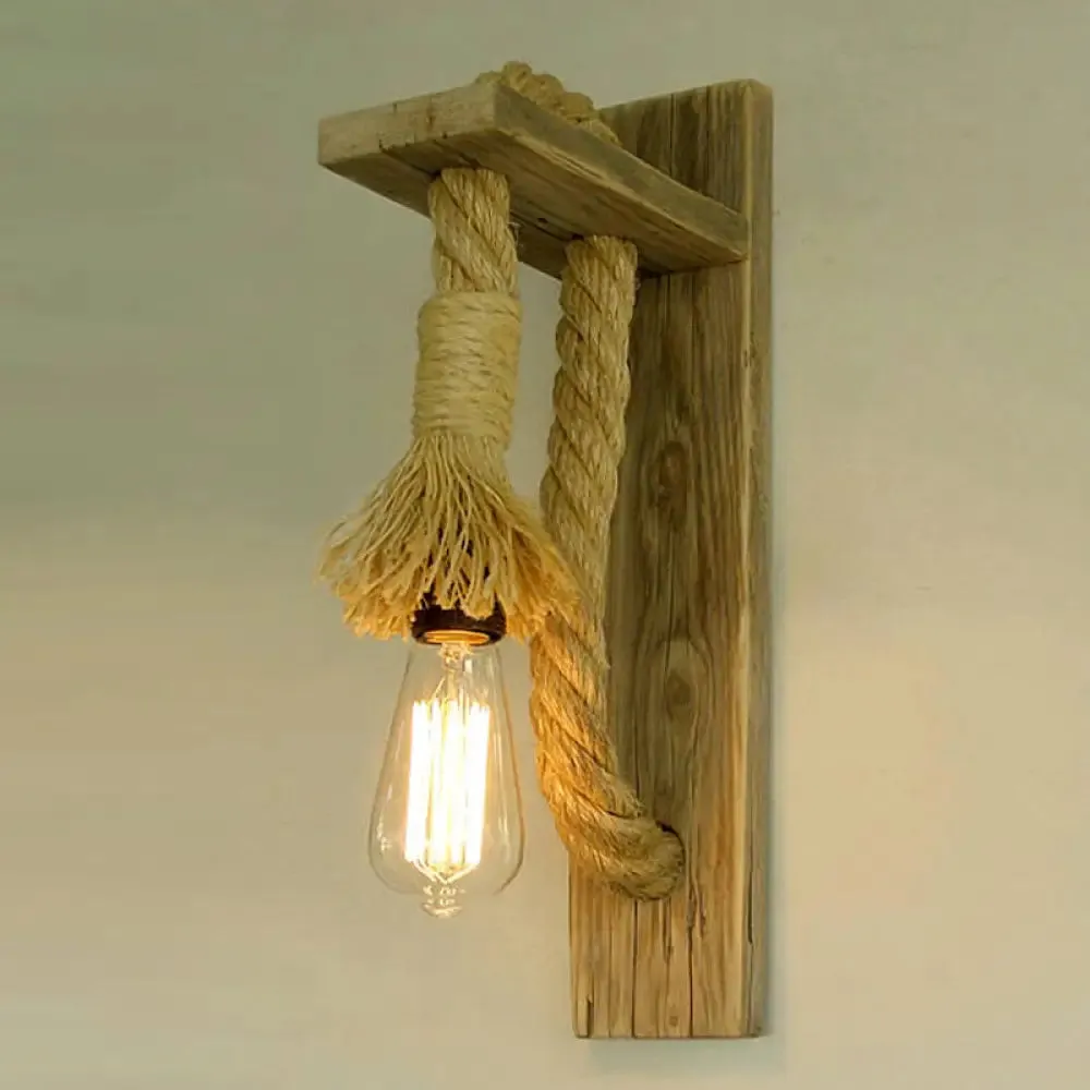 Rustic Single-Bulb Wall Lamp with Open Bulb and Roped Sconce - Wood Bracket Fixture