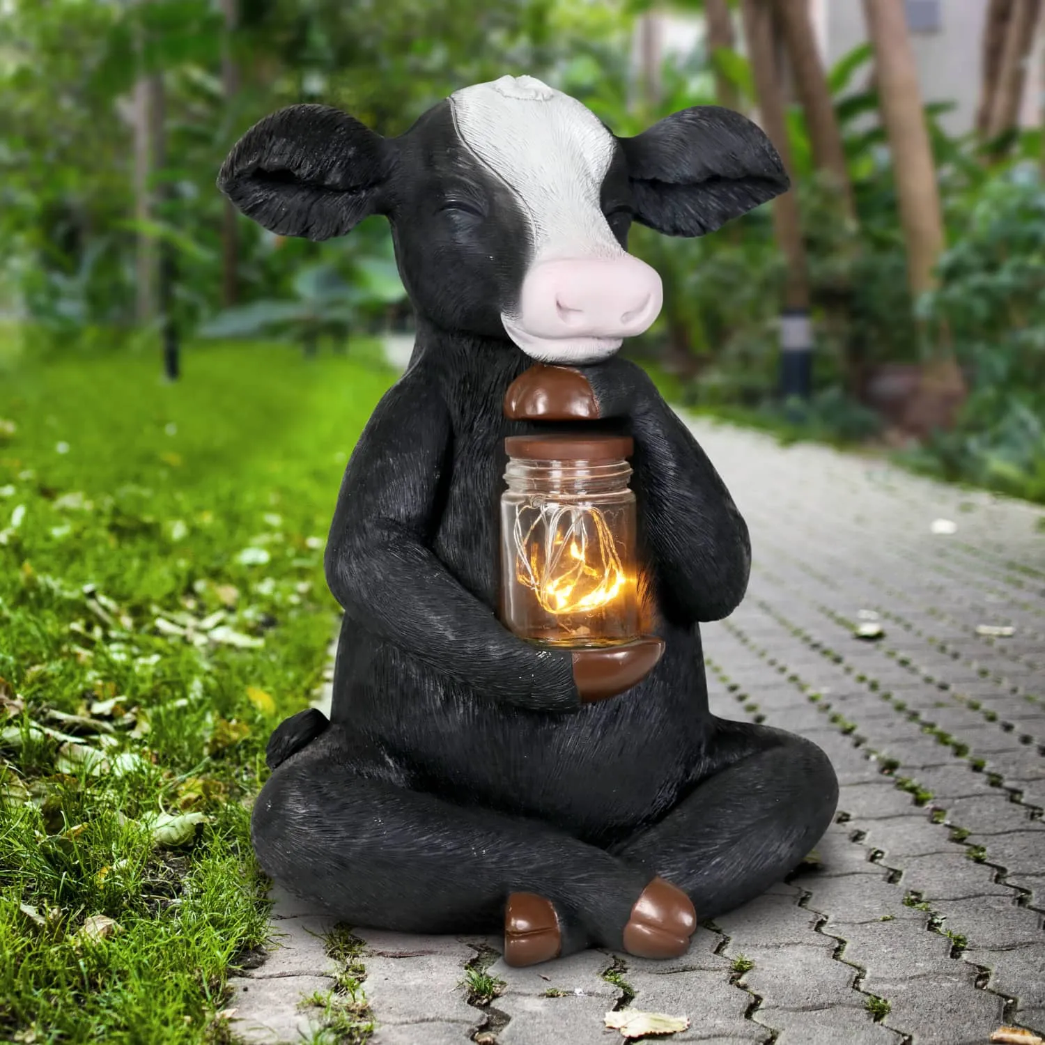 Solar Cow Garden Statue Holding A Glass Jar with 8 LED Firefly String Lights, 7 by 11 Inches