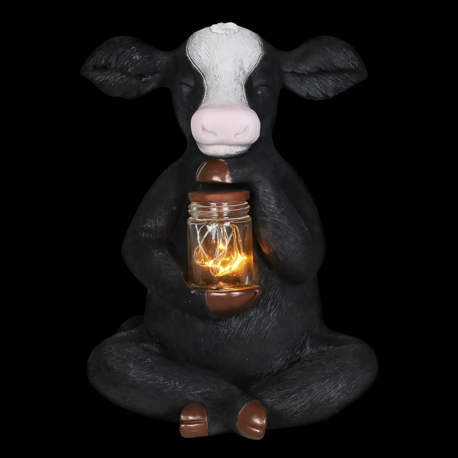 Solar Cow Garden Statue Holding A Glass Jar with 8 LED Firefly String Lights, 7 by 11 Inches