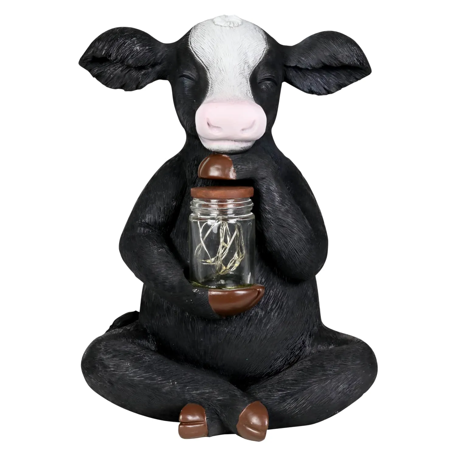 Solar Cow Garden Statue Holding A Glass Jar with 8 LED Firefly String Lights, 7 by 11 Inches