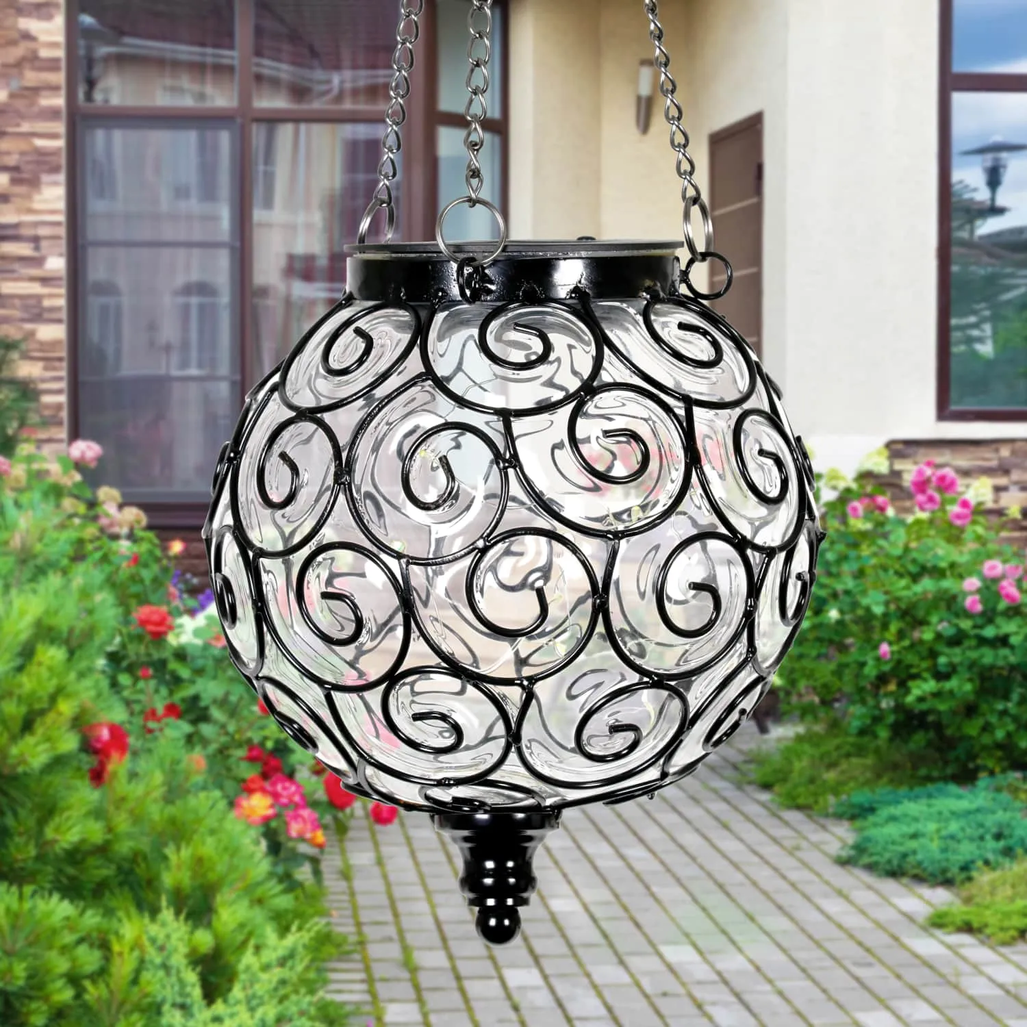 Solar Round Clear Glass and Metal Hanging Lantern with 15 Warm White LED Firefly String Lights, 7 by 21 Inches