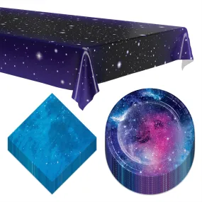 Starry Night Table Cover with Galaxy Paper Dessert Plates and Beverage Napkins (Serves 16)