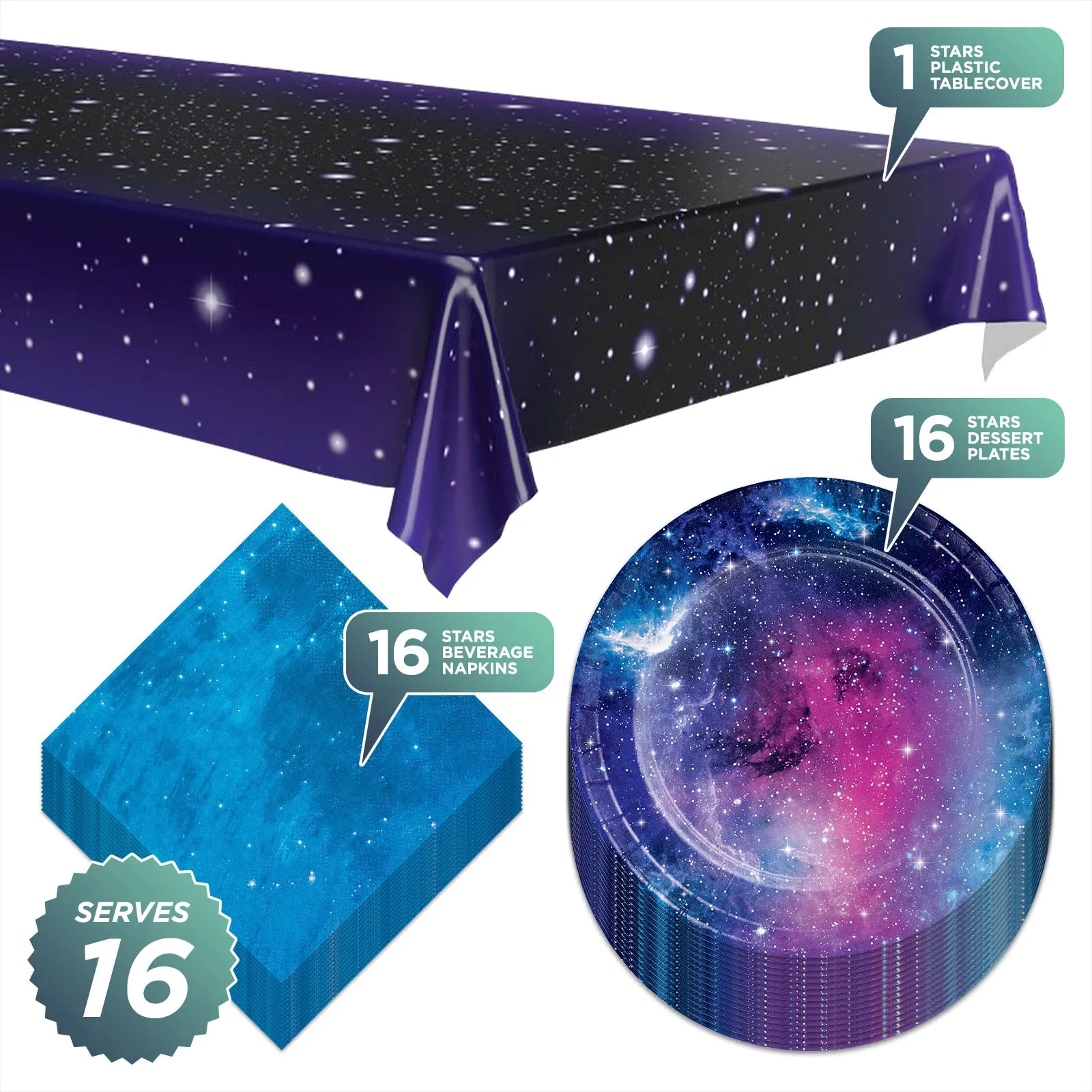 Starry Night Table Cover with Galaxy Paper Dessert Plates and Beverage Napkins (Serves 16)