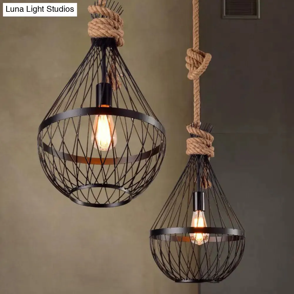 Teardrop Suspension Light: Metal Wire Frame Hanging Lamp in Black with 39" Rope - Country Style