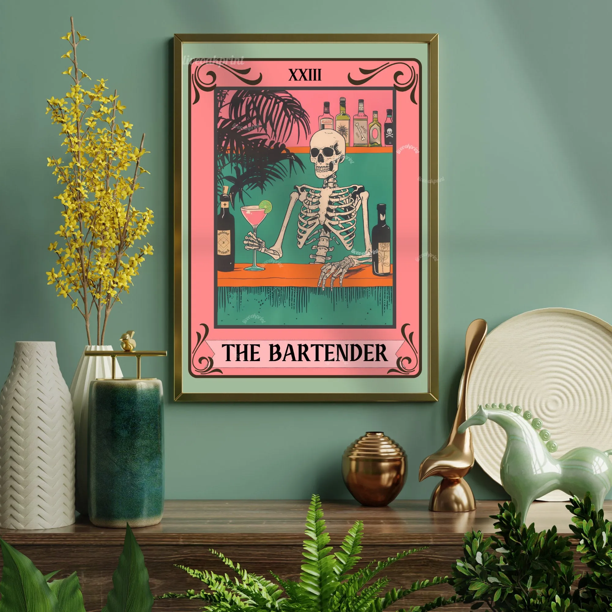 The Bartender Tarot Card - Skeleton Wall Art - Bar Cart Art - Skeleton Cocktail Print - Witchy Bar Art - Gothic Kitchen Sign - Spooky Print