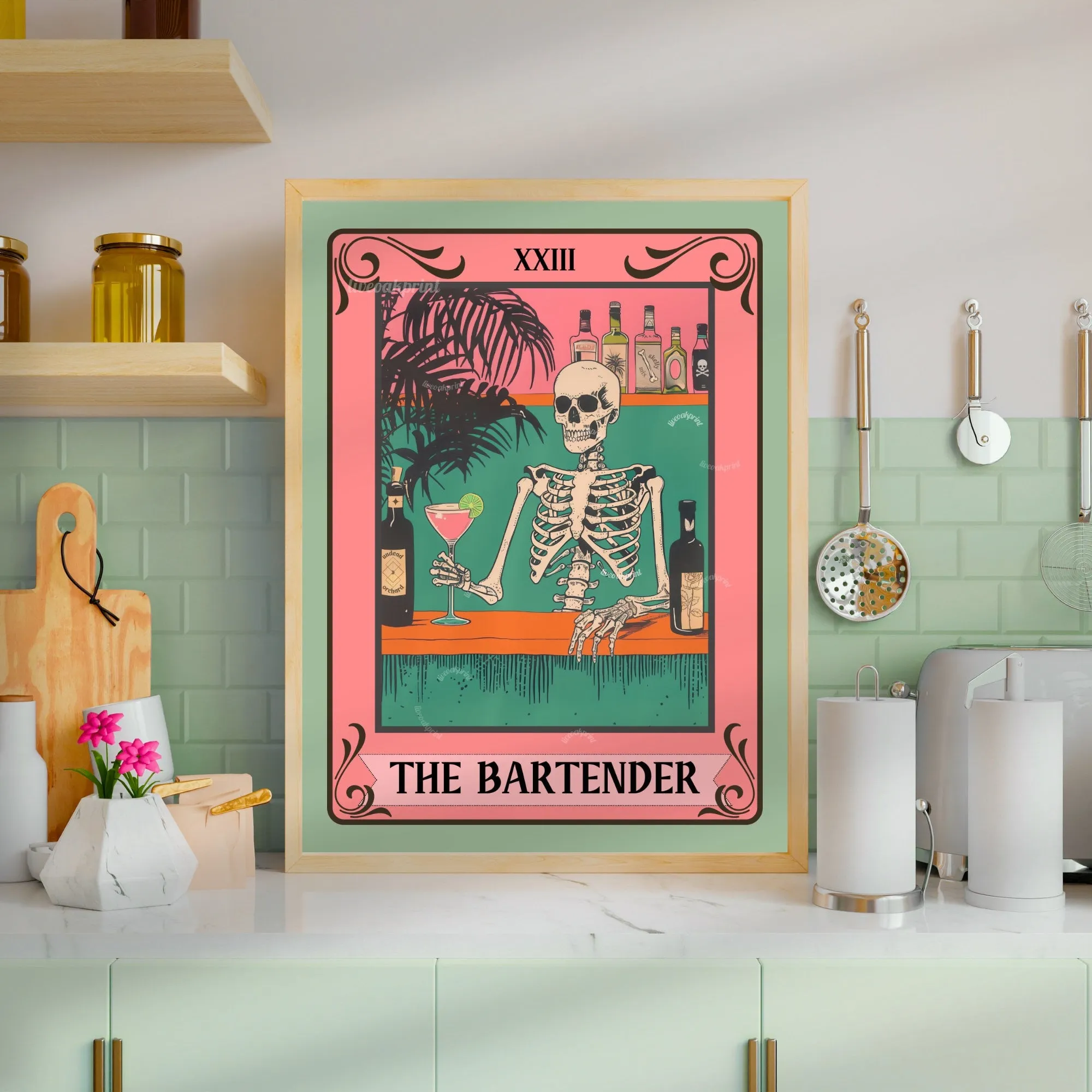 The Bartender Tarot Card - Skeleton Wall Art - Bar Cart Art - Skeleton Cocktail Print - Witchy Bar Art - Gothic Kitchen Sign - Spooky Print