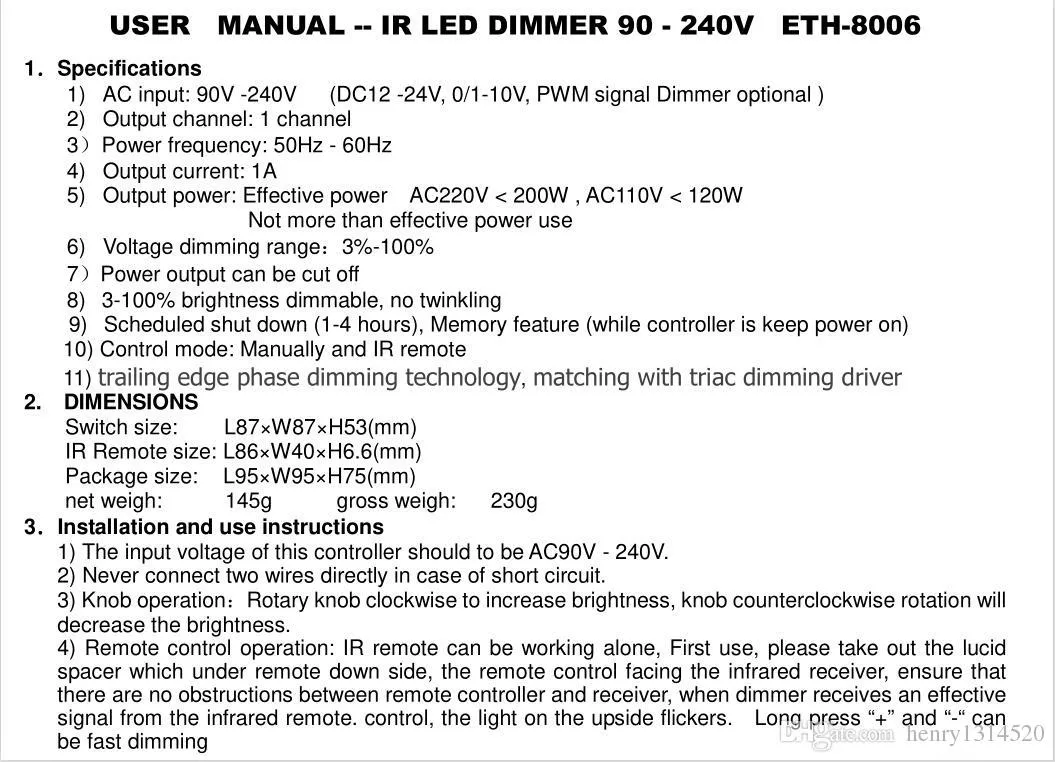 Triac Dimmer 120v (200w Max Load) Remote Control and Manual Operation