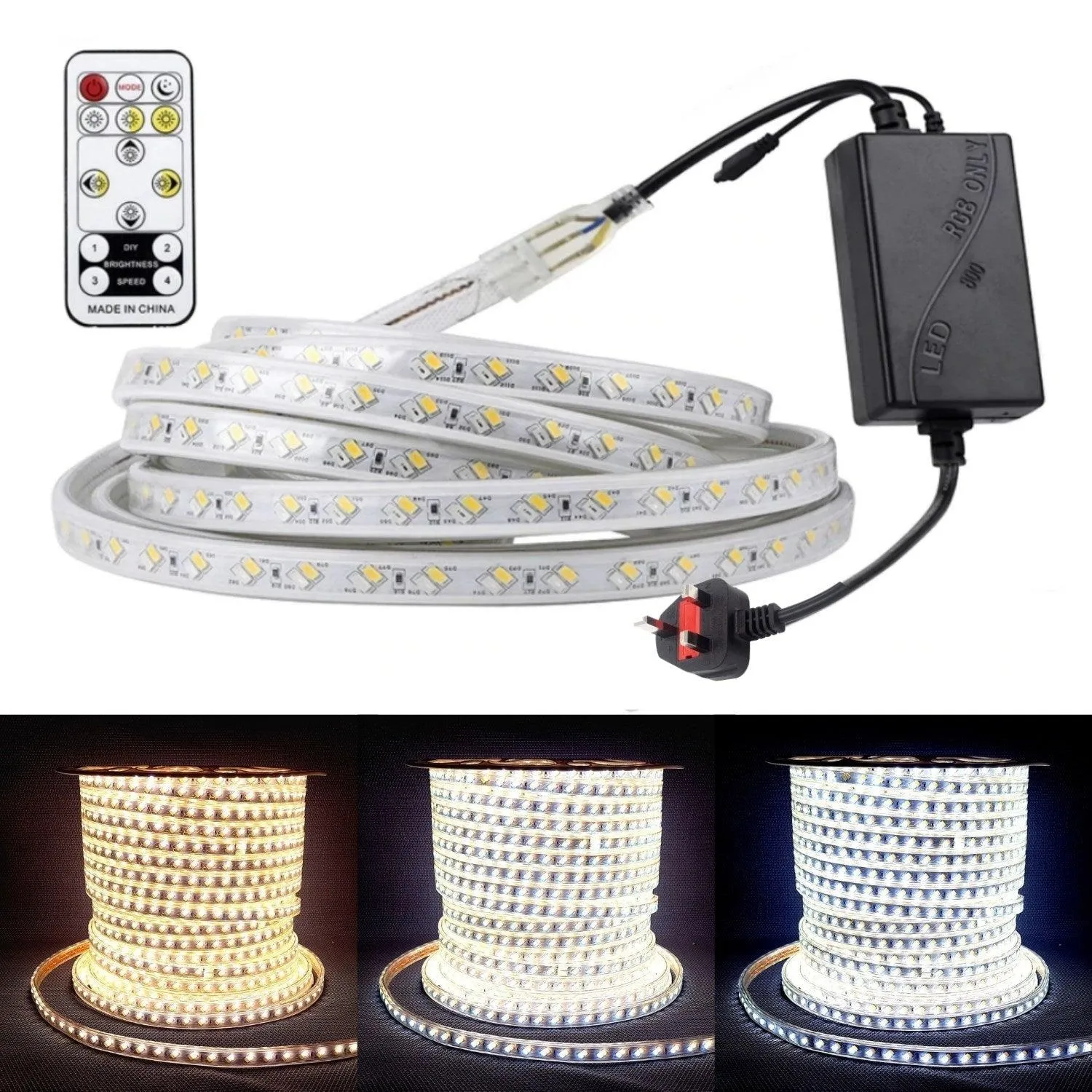 Tricolour LED Strip Light 220V 240V 5730 Warm White, Natural White, Cool White IP65 120LED/m Kit