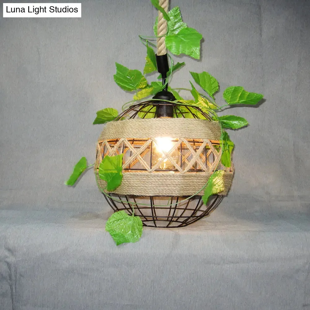 Vintage Beige Globe Pendant Lamp with Rope Detail - Iron Plant Hanging, Ideal for Restaurant Lighting