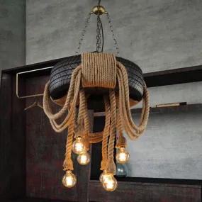 Vintage Style 6-Light Hemp Rope Chandelier in Black - Antique Tyre Ceiling Lighting