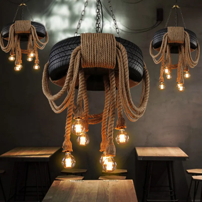 Vintage Style 6-Light Hemp Rope Chandelier in Black - Antique Tyre Ceiling Lighting