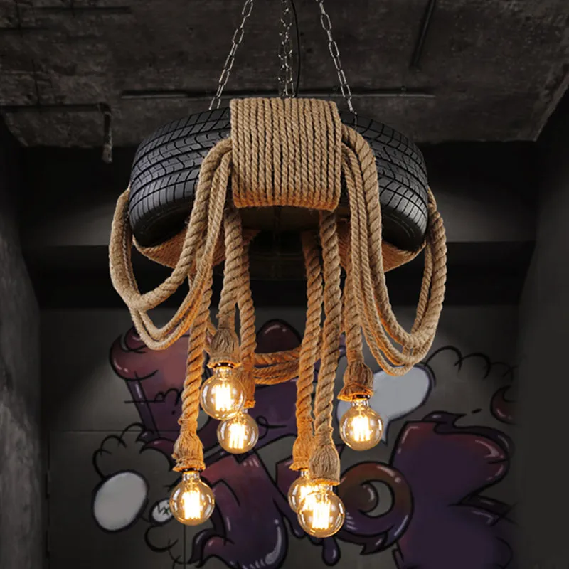 Vintage Style 6-Light Hemp Rope Chandelier in Black - Antique Tyre Ceiling Lighting