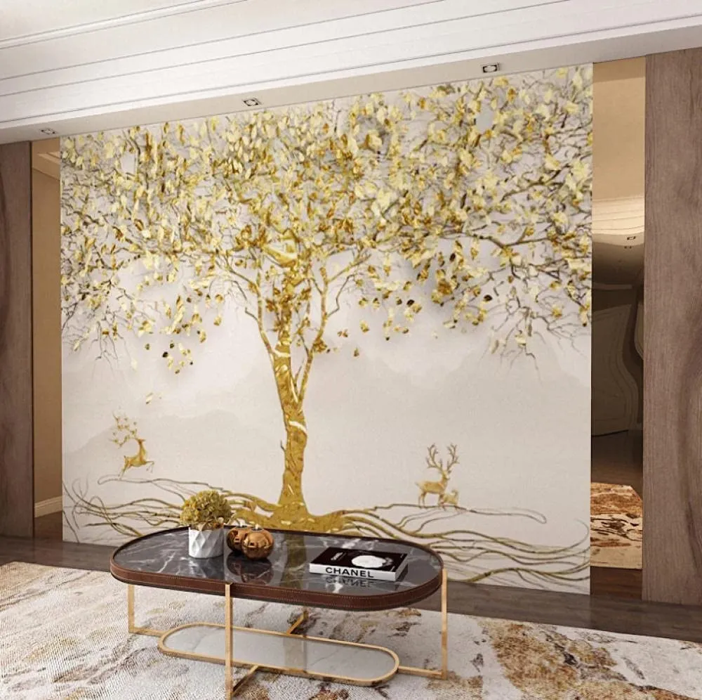 Wallpaper Golden Leaf Tree Elk Art Murals, 118X83 inch