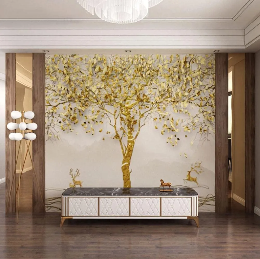 Wallpaper Golden Leaf Tree Elk Art Murals, 118X83 inch