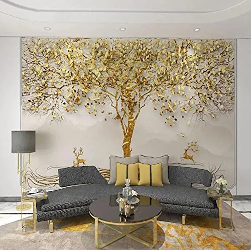 Wallpaper Golden Leaf Tree Elk Art Murals, 118X83 inch