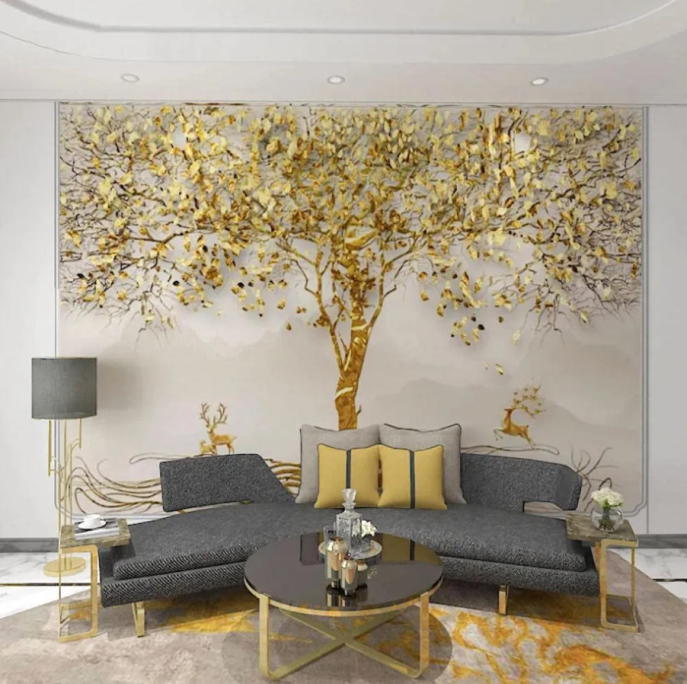 Wallpaper Golden Leaf Tree Elk Art Murals, 118X83 inch