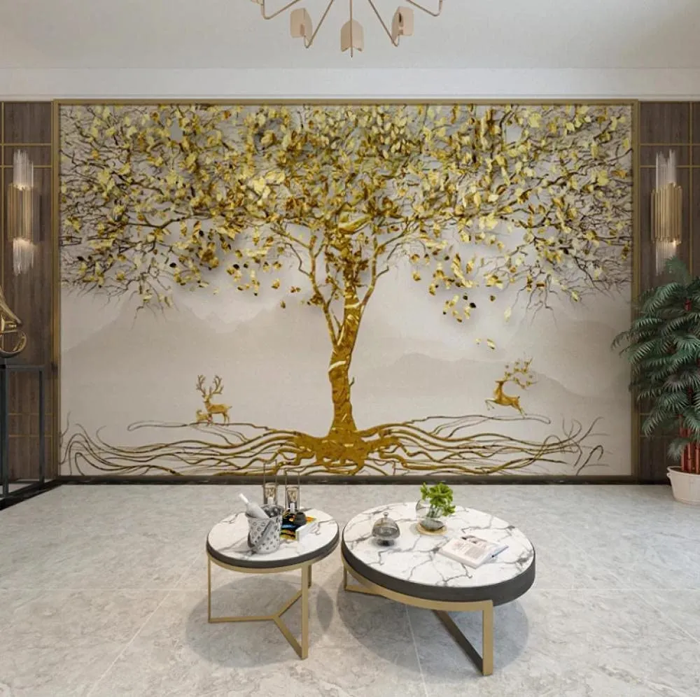 Wallpaper Golden Leaf Tree Elk Art Murals, 118X83 inch