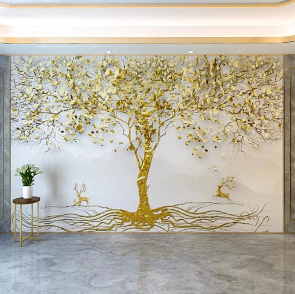 Wallpaper Golden Leaf Tree Elk Art Murals, 118X83 inch