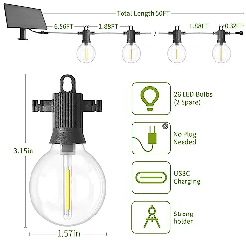 ZOTOYI Solar String Lights Outdoor Waterproof IP65 50FT with USB Port and 26 Shatterproof G40 Bulbs(2 Spare), LED Solar Powered Patio Lights for Outside, Patio, Porch, Backyard, Garden, 2200K